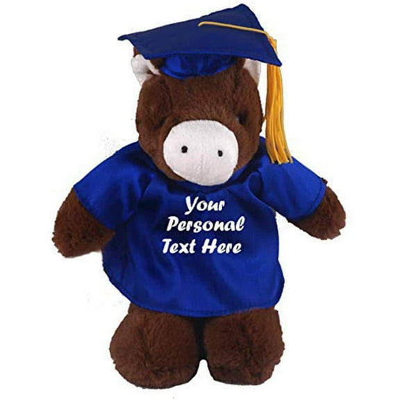 Made by Aliens Plush Stuffed Animal Toys 8 Inches Present Gifts for Graduation Day, Personalized Text, Name or Your School Logo on Gown, Best for Any Grad School Kids (Graduation Horse Blue Gown)