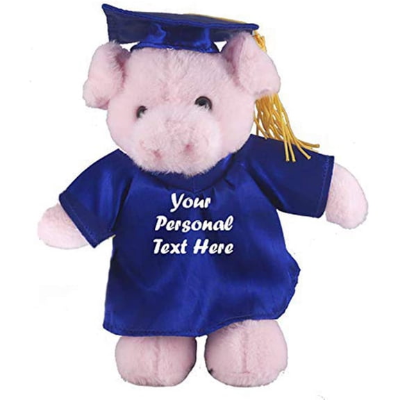 Made by Aliens Plush Stuffed Animal Toys 8 Inches Present Gifts for Graduation Day, Personalized Text, Name or Your School Logo on Gown, Best for Any Grad School Kids (Graduation Pig Blue Gown)