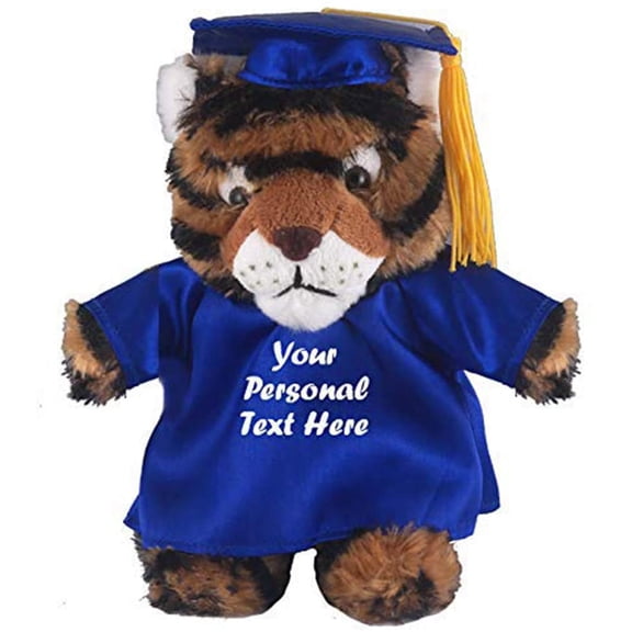 Made by Aliens Plush Stuffed Animal Toys 8 Inches Present Gifts for Graduation Day, Personalized Text, Name or Your School Logo on Gown, Best for Any Grad School Kids (Graduation Tiger Blue Gown)