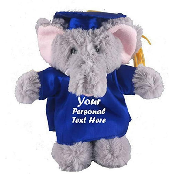 Made by Aliens Plush Stuffed Animal Toys 8 Inches Present Gifts for Graduation Day, Personalized Text, Name or Your School Logo on Gown, Best for Any Grad School Kids (Graduation Elephant Blue Gown)
