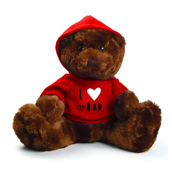 Made by Aliens Stuffed Teddy Bear Plush Bear Toy with -I Love Dad- Hoodie for Kids & Adults Father's Day - Embroidered Pillow 11 Inches (Chocolate-Red Hoodie)