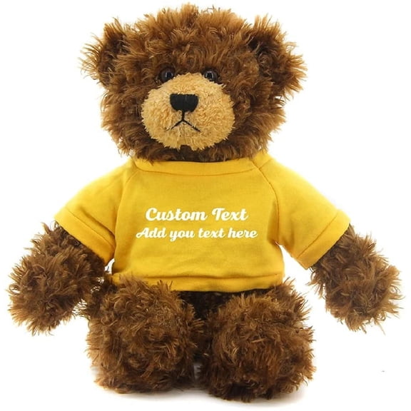 Made by Aliens Customized Chocolate Brandon Bear - 12 inch Personalized Stuffed Bear Plush Toy - Perfect Custom Shirt Bear Gift for Graduation Valentines Graduation Easter Holidays (Yellow Shirt)
