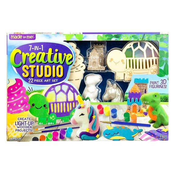 Made By Me 7-in-1 Creative Studio, 22-Piece Art Set, Paint 3D Figurines & Light-up Wooden Projects