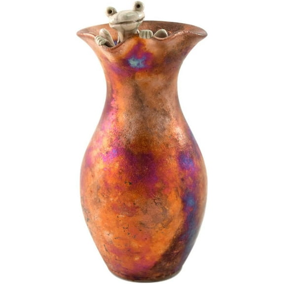 Made Decorative Raku Pottery Vase with Peekaboo Frog Accent