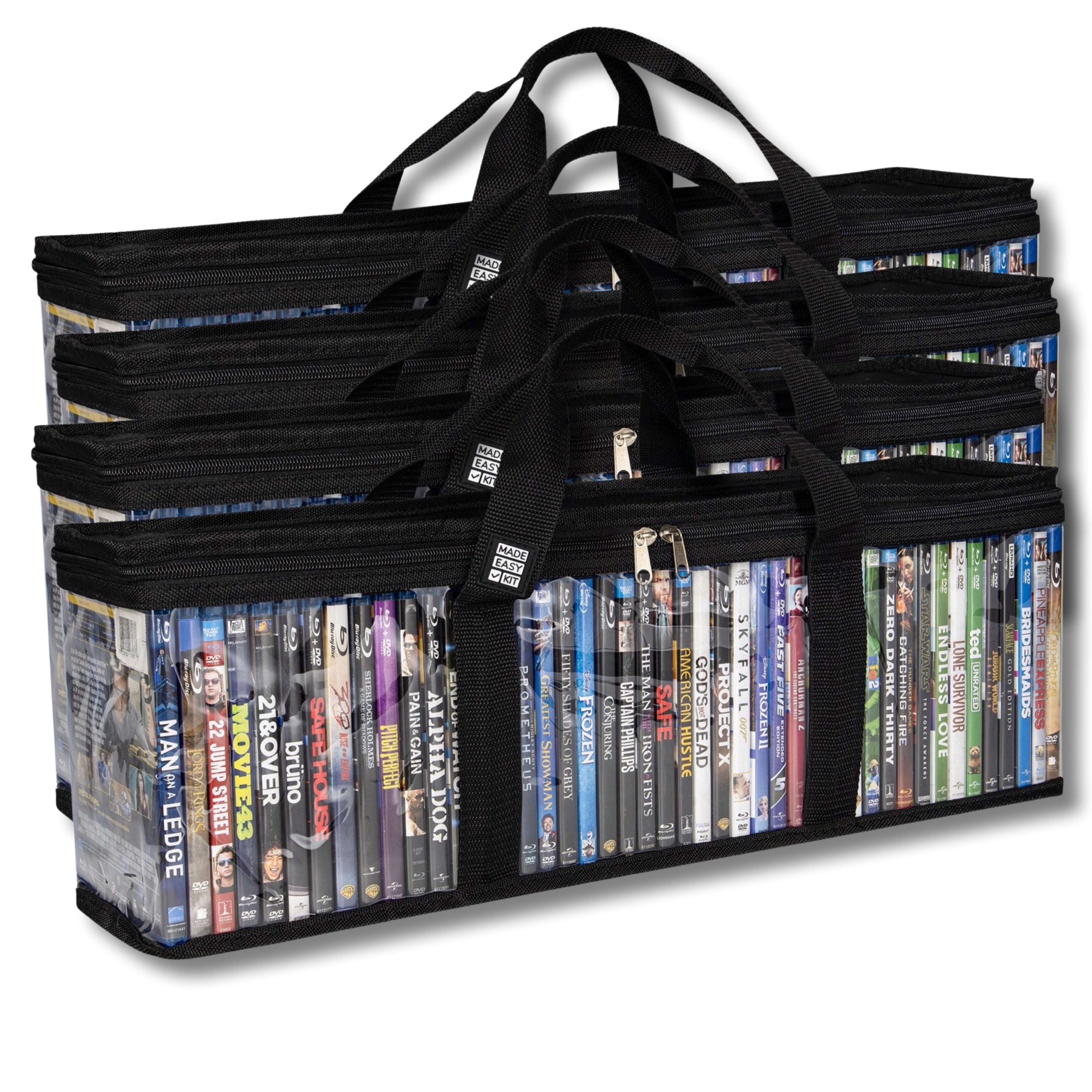 Made Easy Kit Blu-ray Media Storage Bag Case - Clear PVC Organizer With Triple-Stitched Handles, Dividers - Stackable, Space-Saving - Fits 42 Standard Cases (Black, 4 Bags)