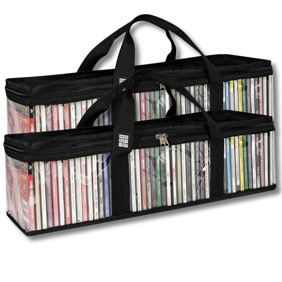 Made Easy Kit CD Media Storage Bag Case - Clear See Though PVC Organizer With Triple-Stitched Handles and Dividers - Stackable, Space-Saving, Fits 50 CDs (Black, 2 Bags)