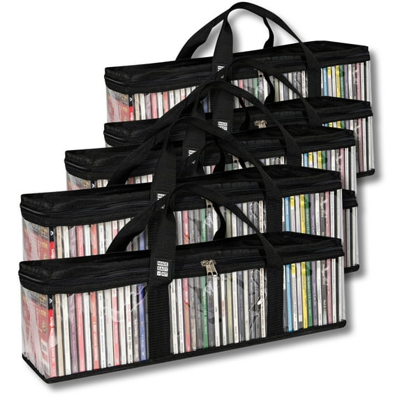 Made Easy Kit CD Media Storage Bag Case - Clear See Though PVC Organizer With Triple-Stitched Handles and Dividers - Stackable, Space-Saving, Fits 50 CDs (Black, 6 Bags)