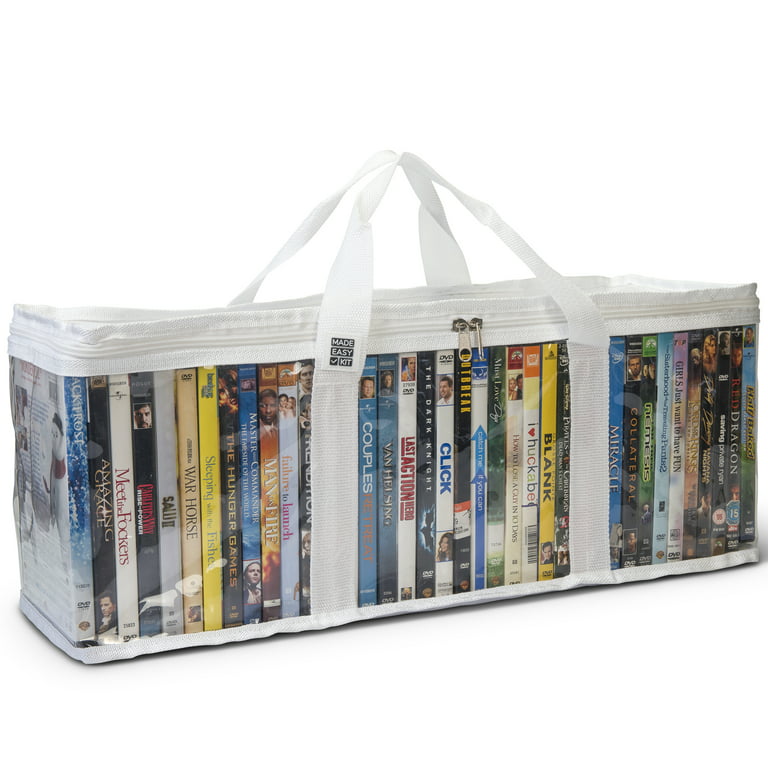 Made Easy Kit DVD Storage Bag Case - Clear PVC Organizer with Triple-Stitched Handles, Dividers- Stackable, Space-Saving, Fits 40 DVDs-Container for M