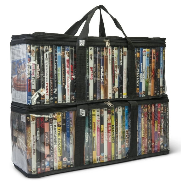 Made Easy Kit DVD Storage Bag Case - Clear PVC Organizer, Triple-Stitched Handles, Dividers - Stackable, Space-Saving, Fits 40 DVDs - Container For Movie Discs, Video Games, VHS Tapes (Black, 2 Bags)