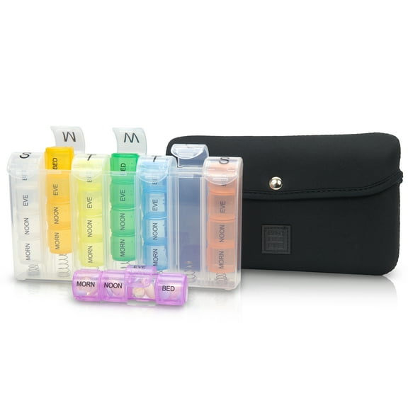 Made Easy Kit Pill Case Large 7-Day / 28 Compartments in Neoprene Carrier with Storage Pill Box in Daily in Morn, NOON, EVE, Bed a Weekly Vitamin, Medicine, Capsule Organization