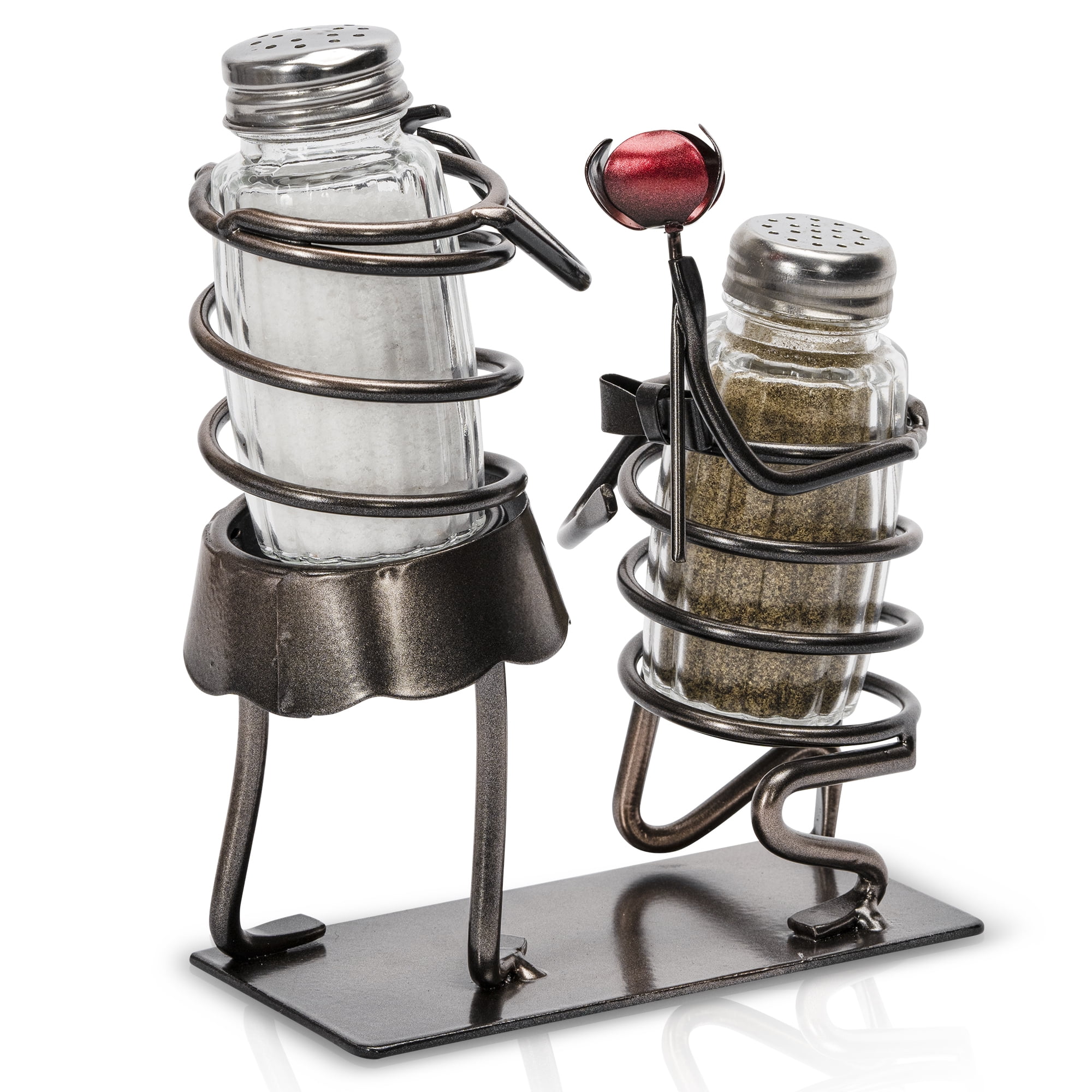 Couple and Rose Glass Salt and Pepper Shaker Set with Metal Rack