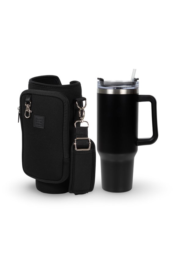 Tumbler & Neorpene Pocket Carrier for Water, Iced Tea or Coffee - Stainless Steel Vacuum Insulated Car Cup with Lid, Straw, and Carabiner for Hanging Accessories