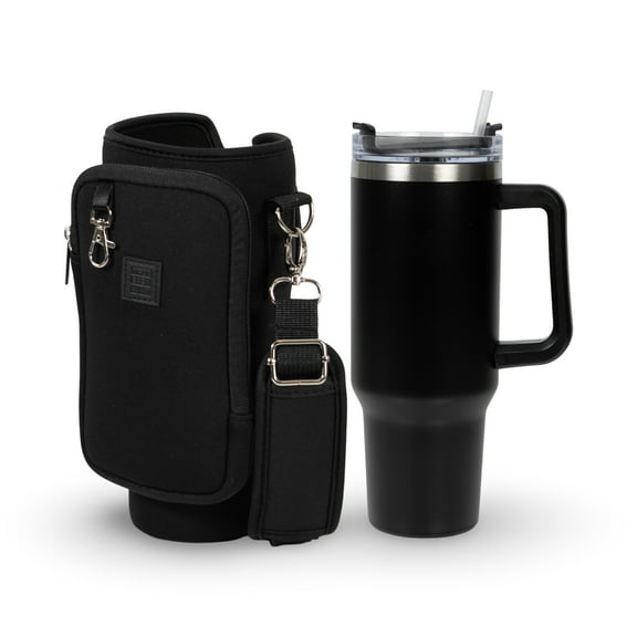 Made Easy Kit Tumbler & Neorpene Pocket Carrier for Water, Iced Tea or Coffee - Stainless Steel Vacuum Insulated Car Cup with Lid, Straw, and Carabiner for Hanging Accessories