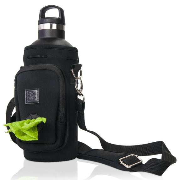 Made Easy Kit Water Bottle Carrier with Pocket for Dog Poop Waste Bags and Adjustable Padded Shoulder Strap