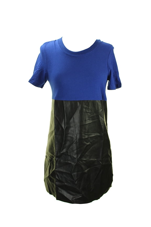 Womens Blue Short-Sleeve Pleather Front Dress S