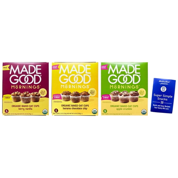 Organic Baked Oat Cups - 3 flavors - 1 each: Apple Crumble, Berry Vanilla, Banana Chocolate Chip (6.15 oz.) + MerlinsMart Zine | Made Good