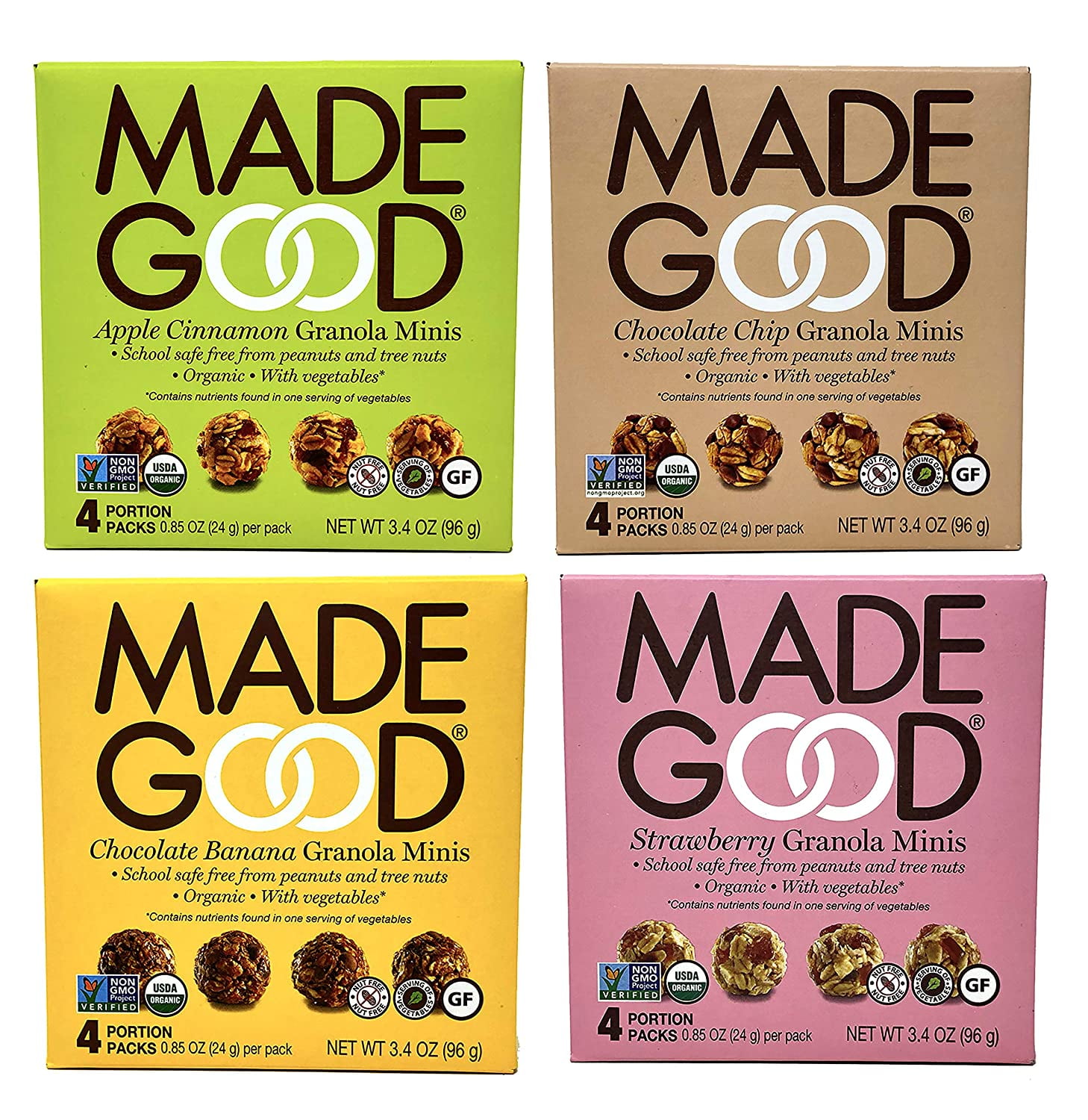 Made Good Organic Granola Minis – Variety Pack of 4 Flavors –Tree-Nut and Peanut-Free Gluten-Free Vegan Kosher (4 Portion Packs Per Flavor)