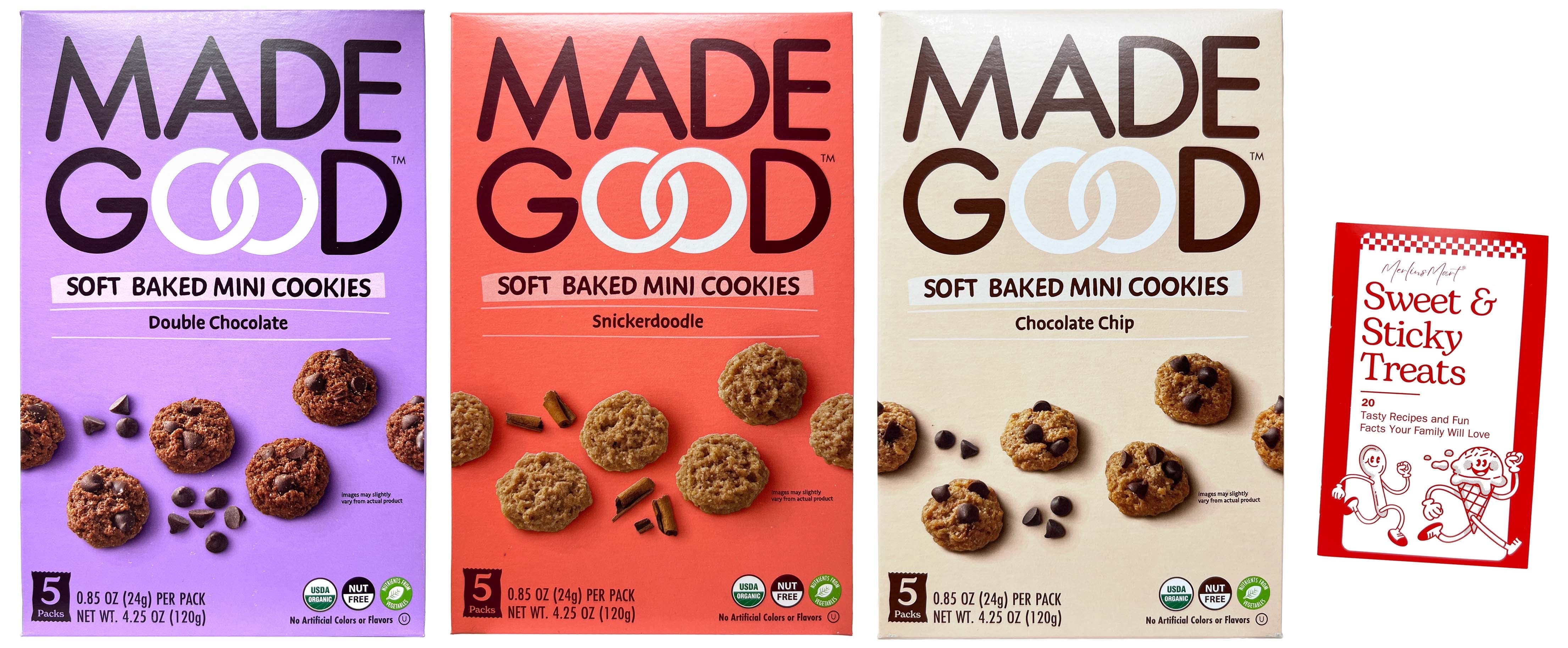 Organic Soft Mini Cookies (1) each: Chocolate Chip, Snickerdoodle, Double Chocolate Chip (4.25 Ounces) + MerlinsMart Zine | Made Good