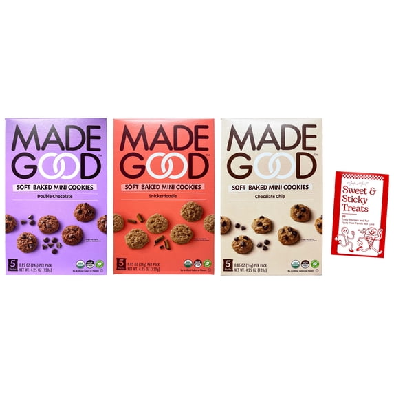 Organic Soft Mini Cookies (1) each: Chocolate Chip, Snickerdoodle, Double Chocolate Chip (4.25 Ounces) + MerlinsMart Zine | Made Good