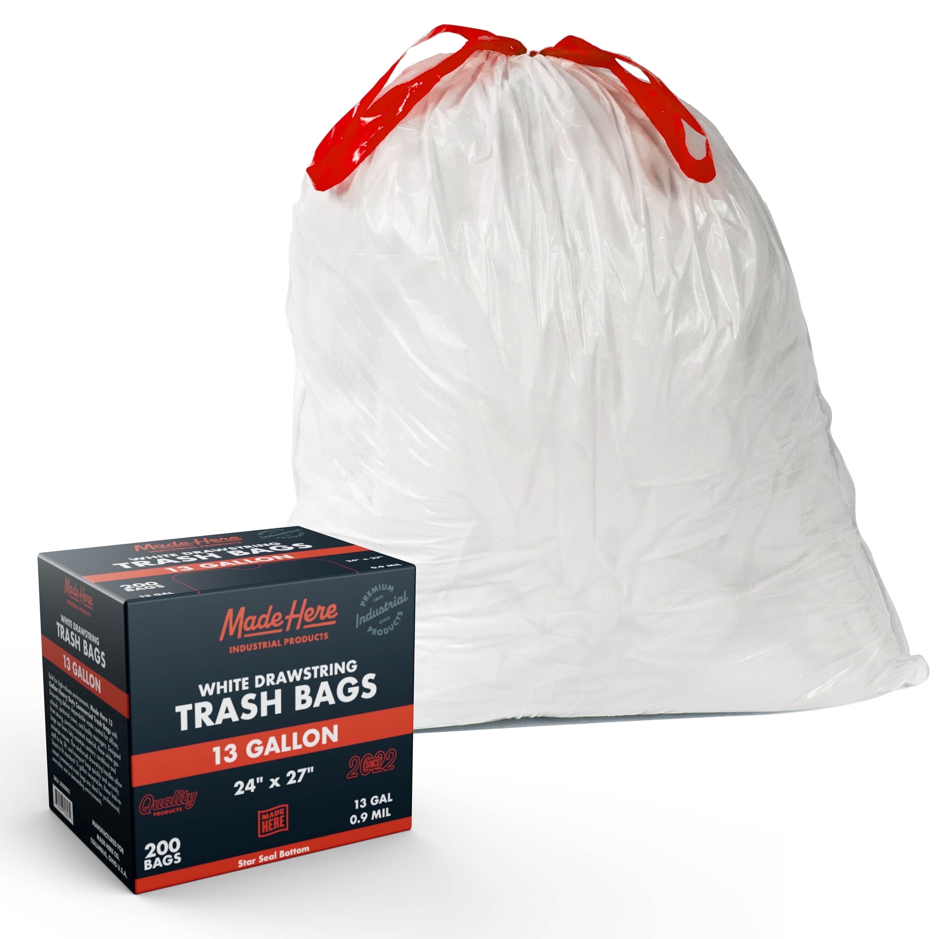 Made Here Co. Leakproof 13-Gallon Drawstring Office Household Wastebasket Liners, 200 Bags