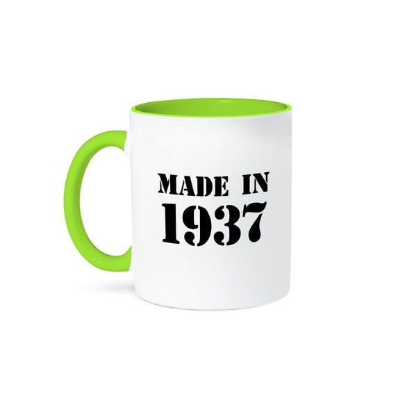 3dRose, Made in 1937 - funny birthday birth year text - fun black bday stamp with year you were born - humor, 11oz Two-Tone Green Mug
