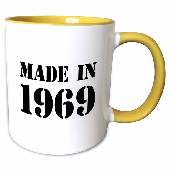 3drose, Made in 1969 - Funny Birthday Birth Year Text - Fun Black Bday Stamp with Year You Were Born - Humor, 11oz Two-tone Yellow Mug