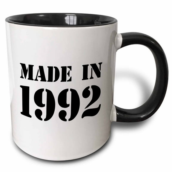 3drose, Made in 1992 - Funny Birthday Birth Year Text - Fun Black Bday Stamp with Year You Were Born - Humor, 15oz Two-tone Black Mug