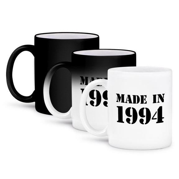 3dRose, Made in 1994 - funny birthday birth year text - fun black bday stamp with year you were born - humor, 11oz Magic Transforming Mug