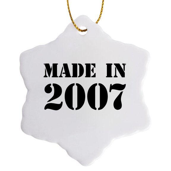 3drose, Made in 2007 - Funny Birthday Birth Year Text - Fun Black Bday Stamp with Year You Were Born - Humor, 3 inch Snowflake Porcelain Ornament