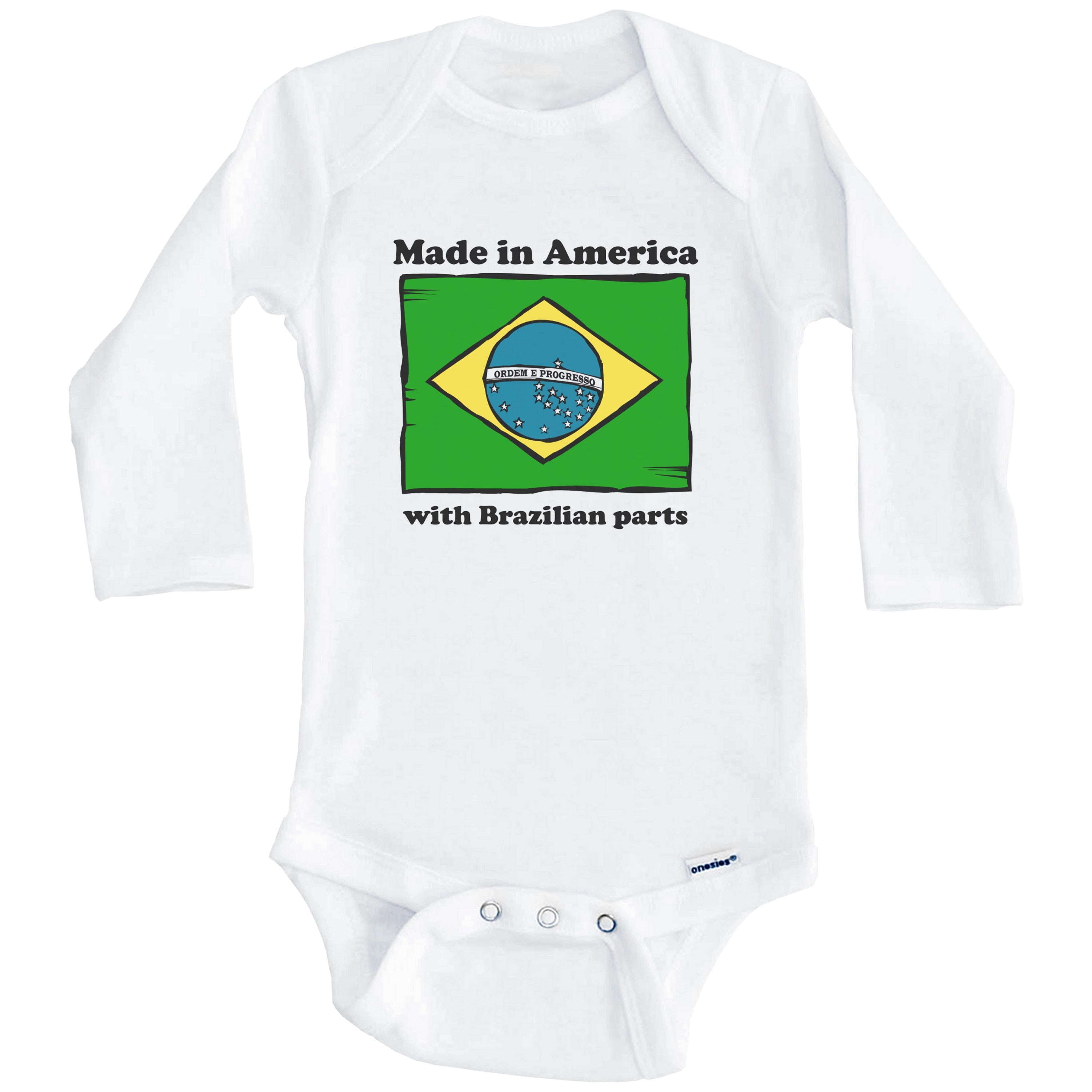Made In America With Brazilian Parts Funny Brazil Flag One Piece Baby Bodysuit (Long Sleeve), 3-6 Months White