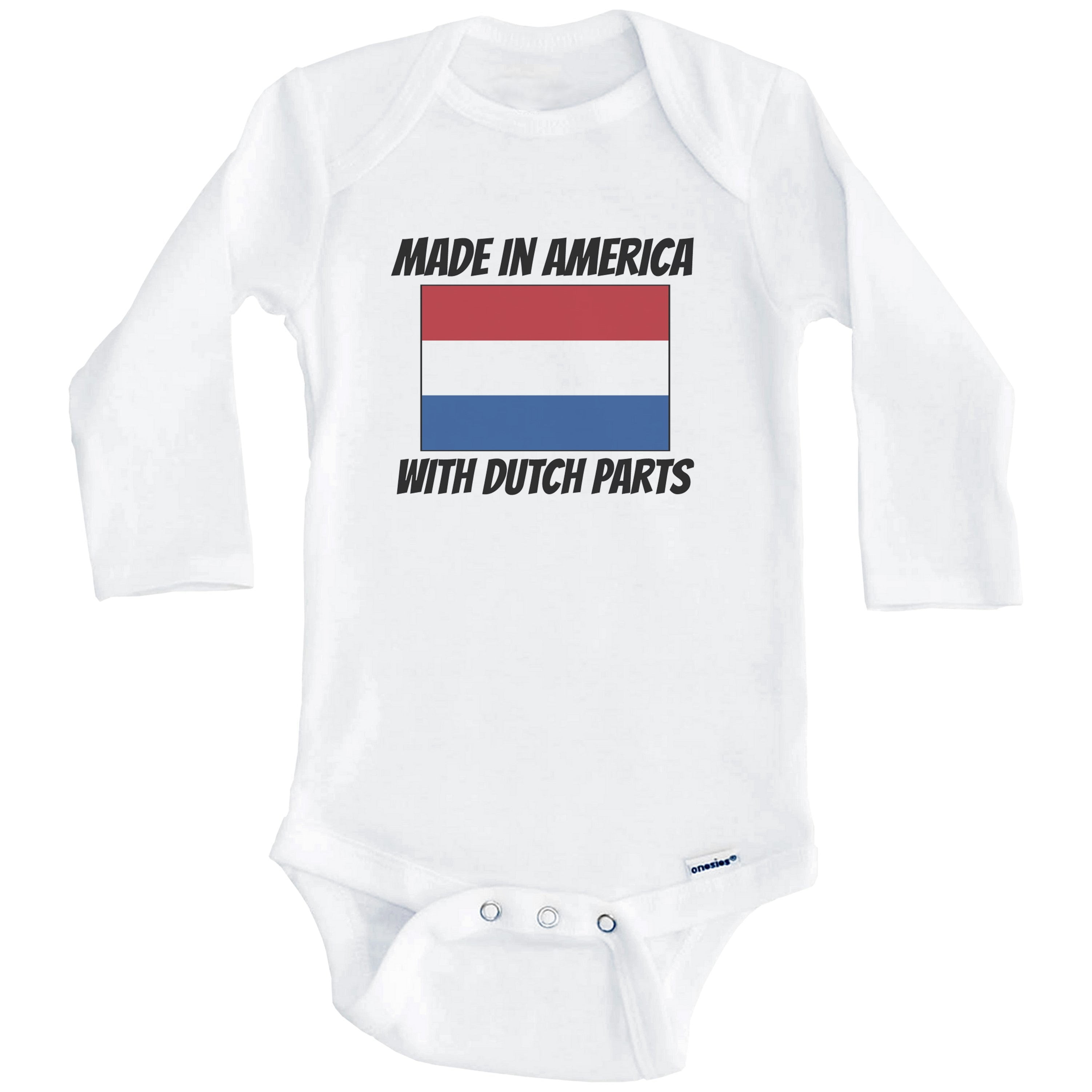 Made In America With Dutch Parts Netherlands Flag Funny One Piece Baby Bodysuit (Long Sleeve), 6-9 Months White