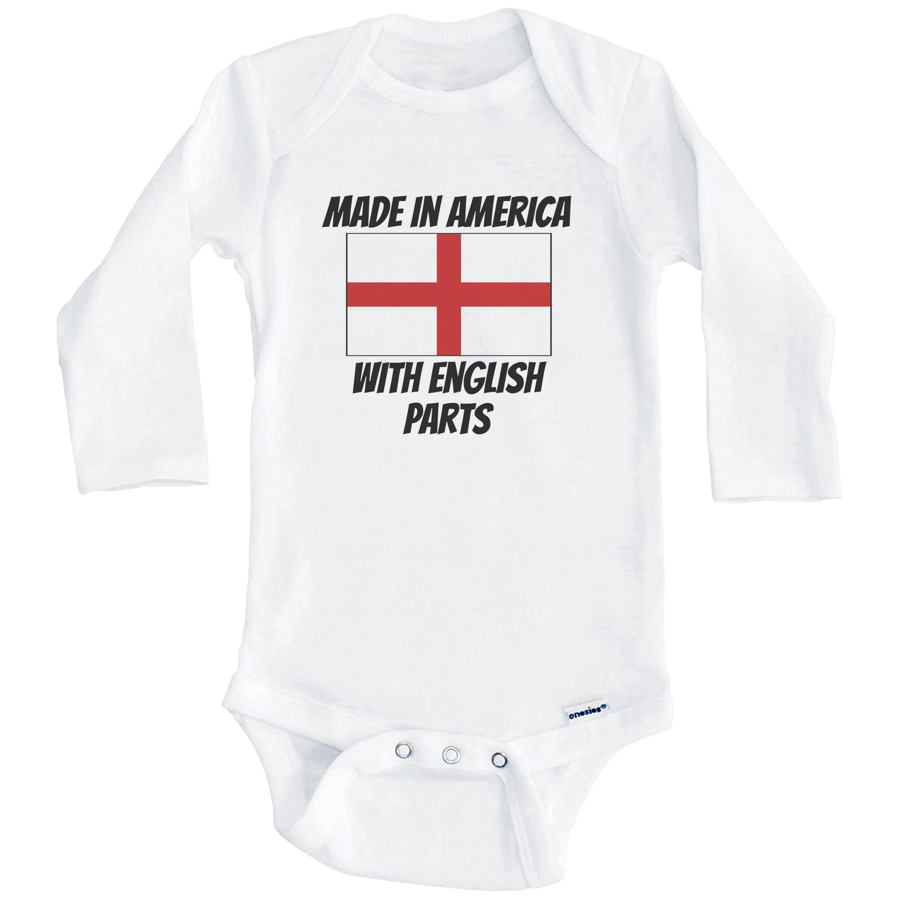 Made In America With English Parts England Flag Funny One Piece Baby Bodysuit (Long Sleeve), 6-9 Months White