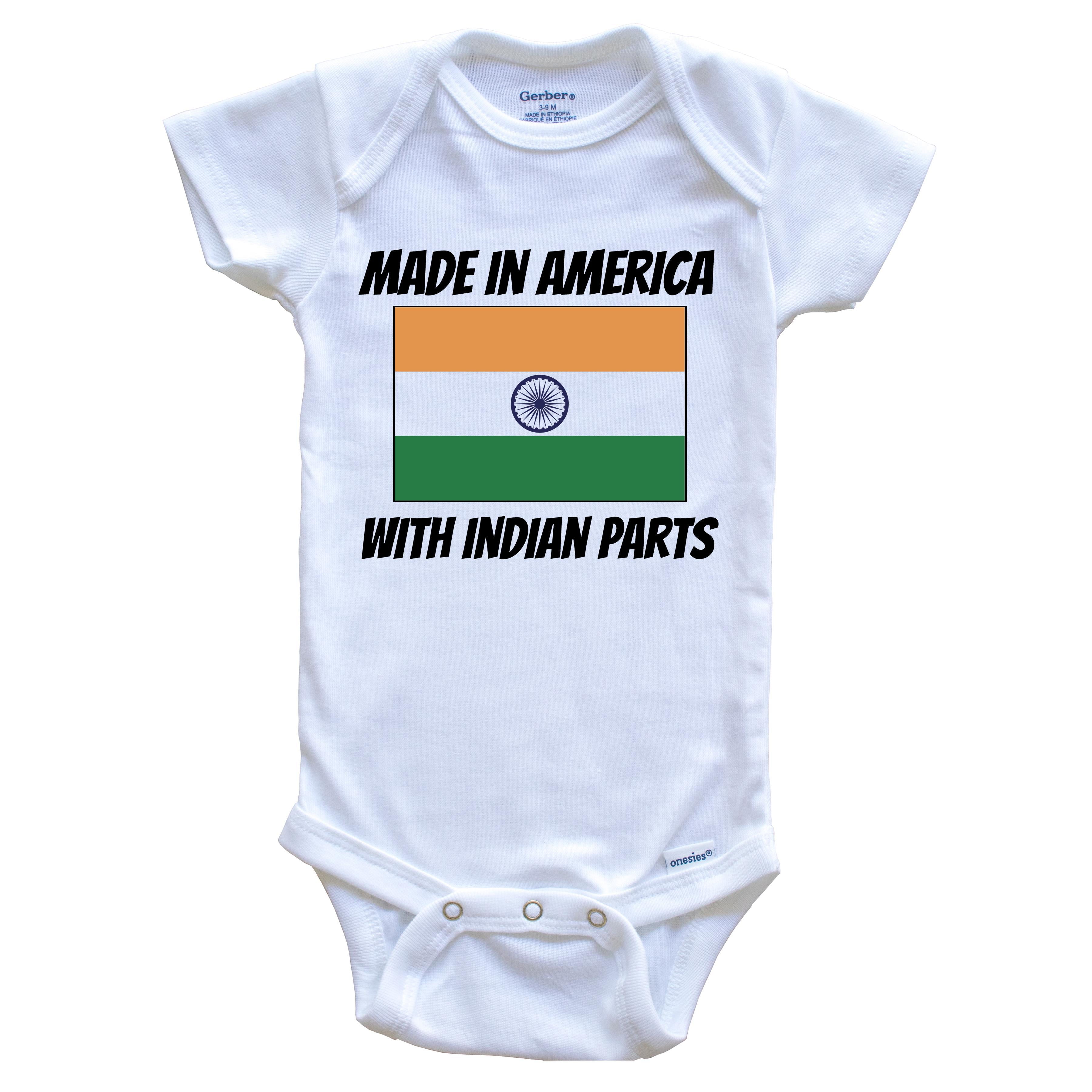 Made In America With Indian Parts India Flag Funny Baby Bodysuit - Cute One Piece Baby Bodysuit, 0-3 Months White