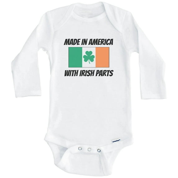 Made In America With Irish Parts Ireland Flag Funny One Piece Baby Bodysuit (Long Sleeve), 0-3 Months White