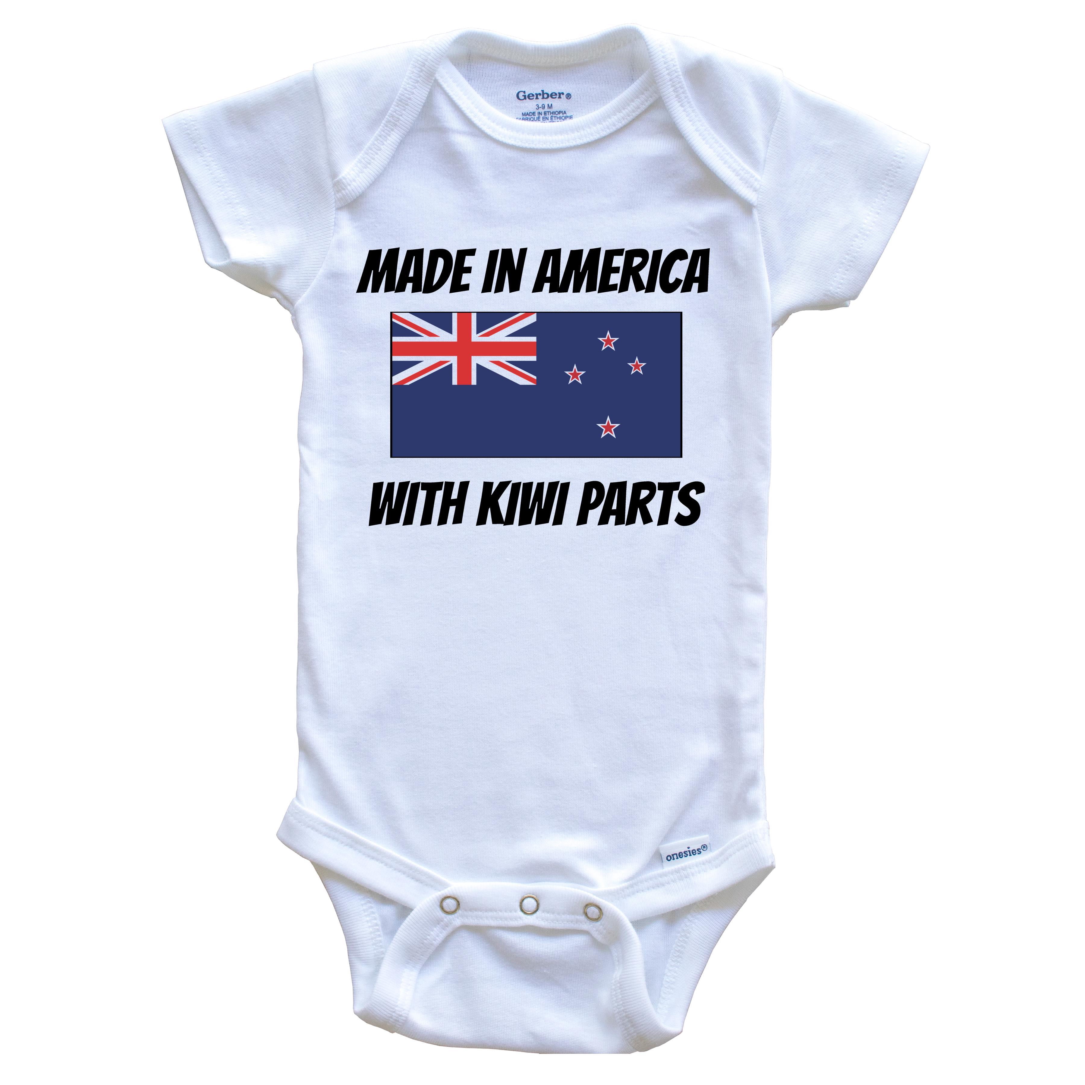 Made In America With Kiwi Parts New Zealand Flag Funny Baby Bodysuit - Cute One Piece Baby Bodysuit, 3-6 Months White