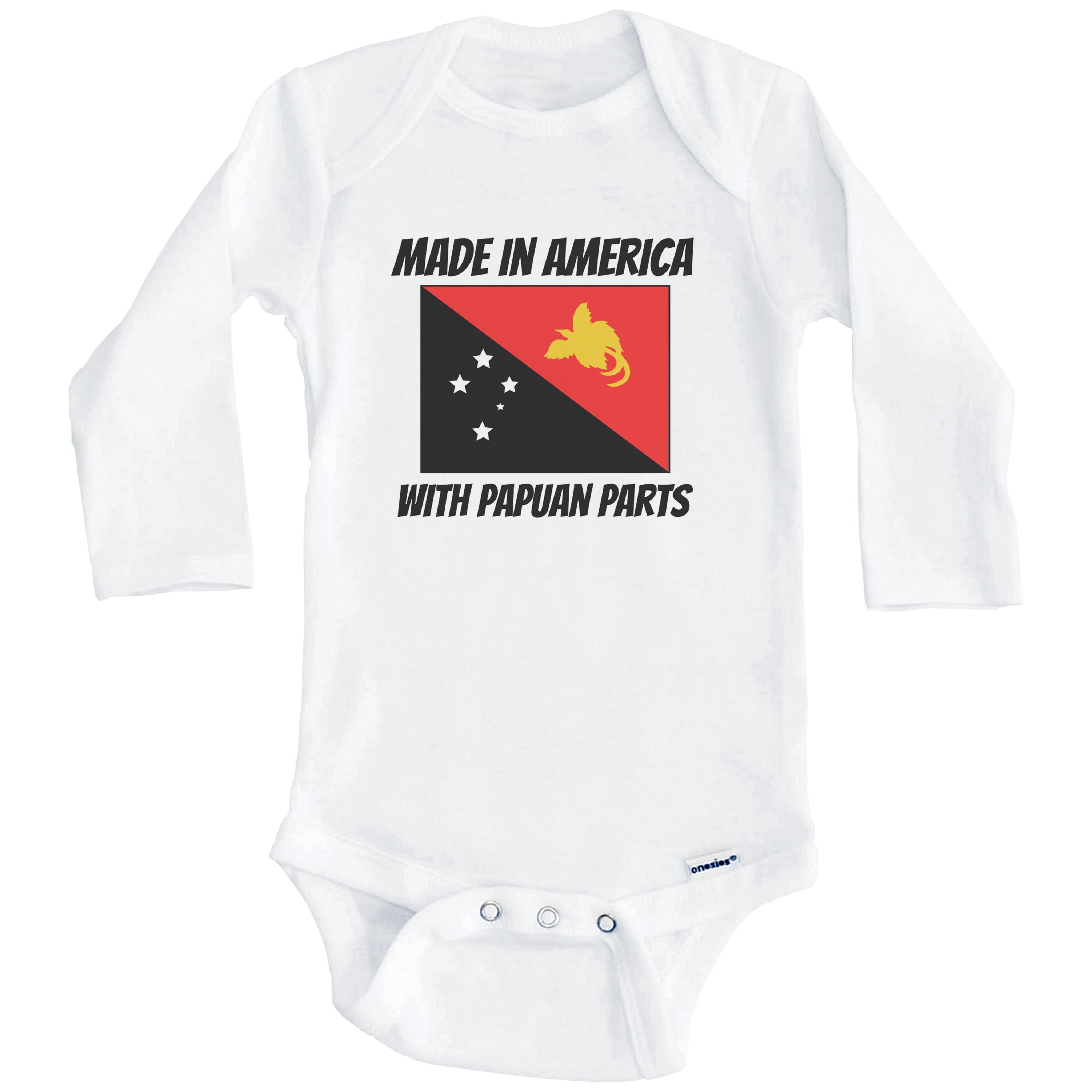 Made In America With Papuan Parts Papua New Guinea Flag Funny One Piece Baby Bodysuit (Long Sleeve), 3-6 Months White