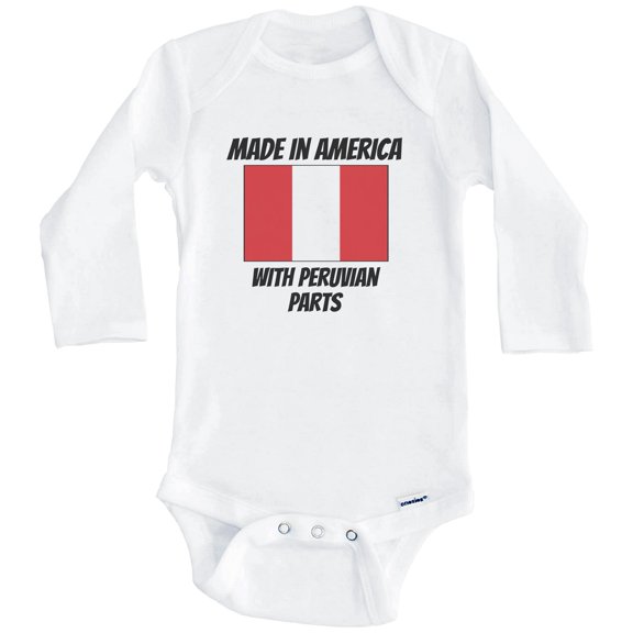 Made In America With Peruvian Parts Peru Flag Funny One Piece Baby Bodysuit (Long Sleeve), 3-6 Months White