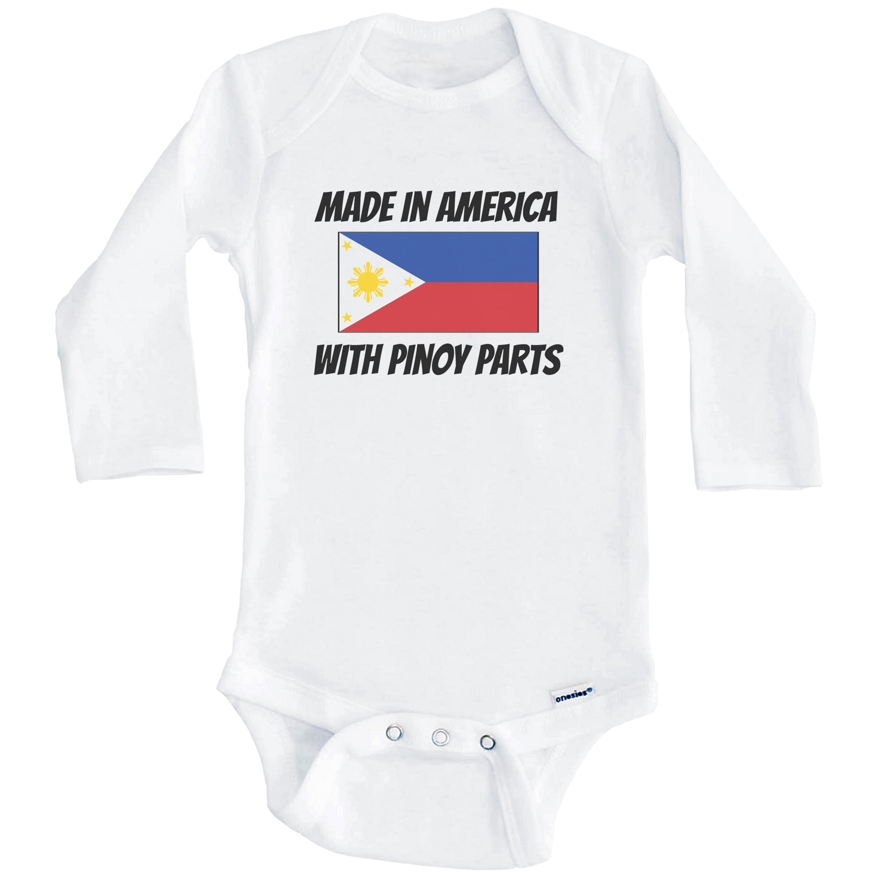 Made In America With Pinoy Parts Philippines Flag Funny One Piece Baby Bodysuit (Long Sleeve), 3-6 Months White