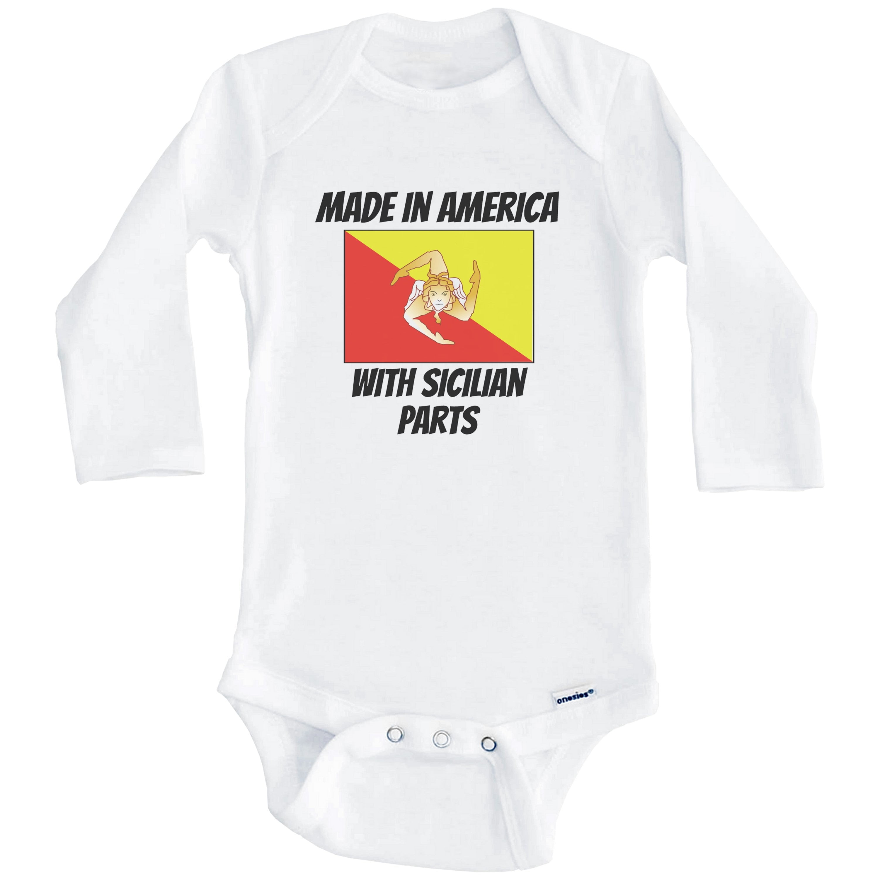 Made In America With Sicilian Parts Sicily Flag Funny One Piece Baby Bodysuit (Long Sleeve), 0-3 Months White
