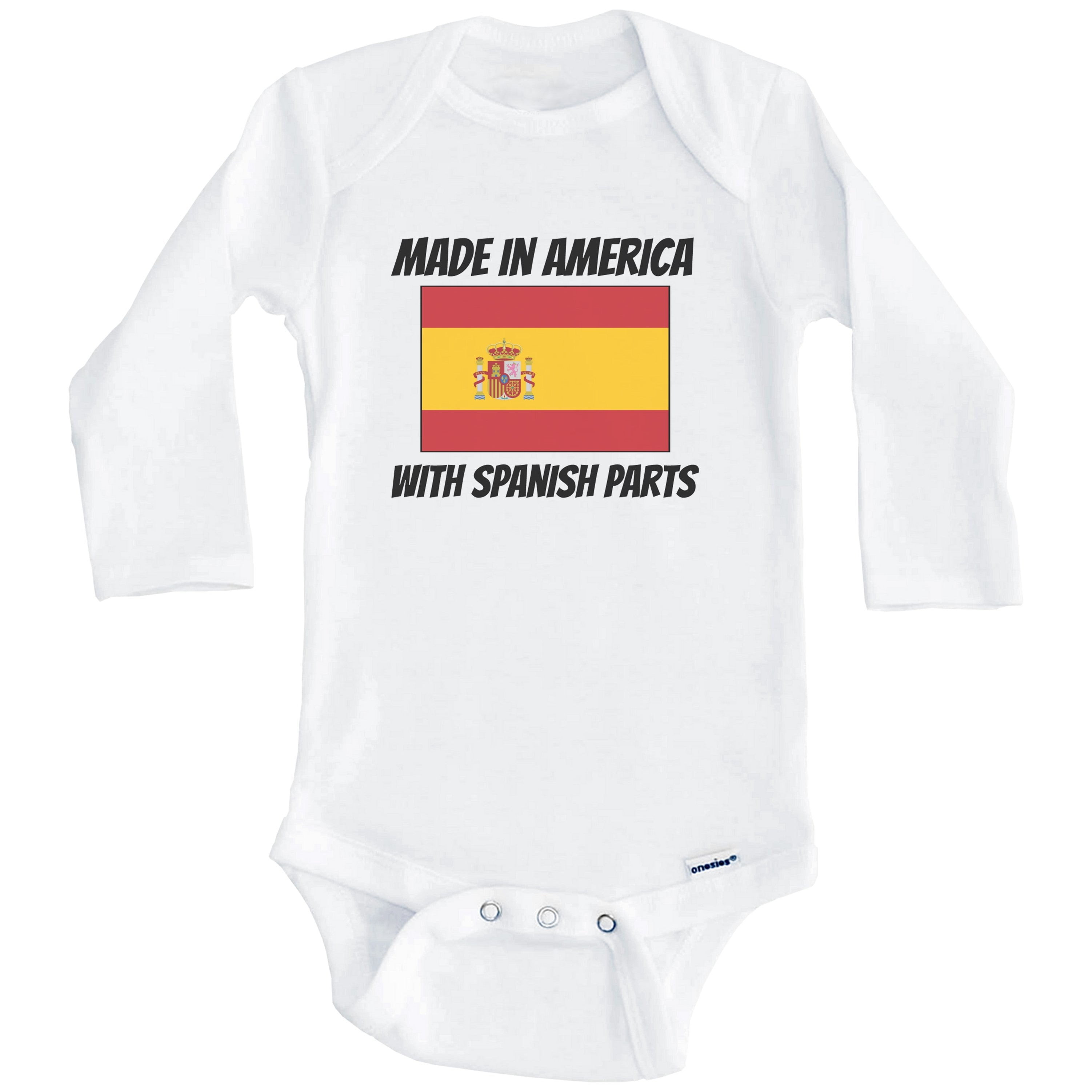 Made In America With Spanish Parts Spain Flag Funny One Piece Baby Bodysuit (Long Sleeve), 0-3 Months White