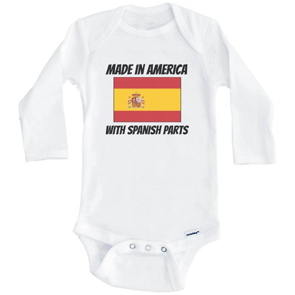 Made In America With Spanish Parts Spain Flag Funny One Piece Baby Bodysuit (Long Sleeve), 3-6 Months White
