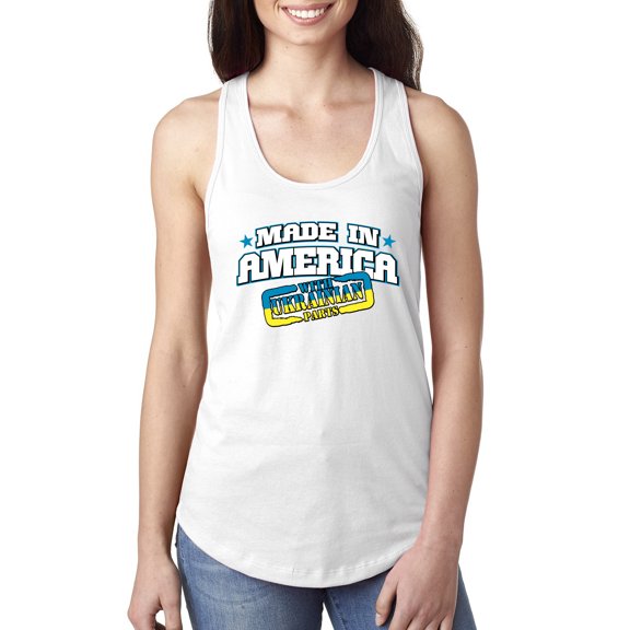 Made In America With Ukrainian Parts Ladies Racerback Tank Top, White, Large