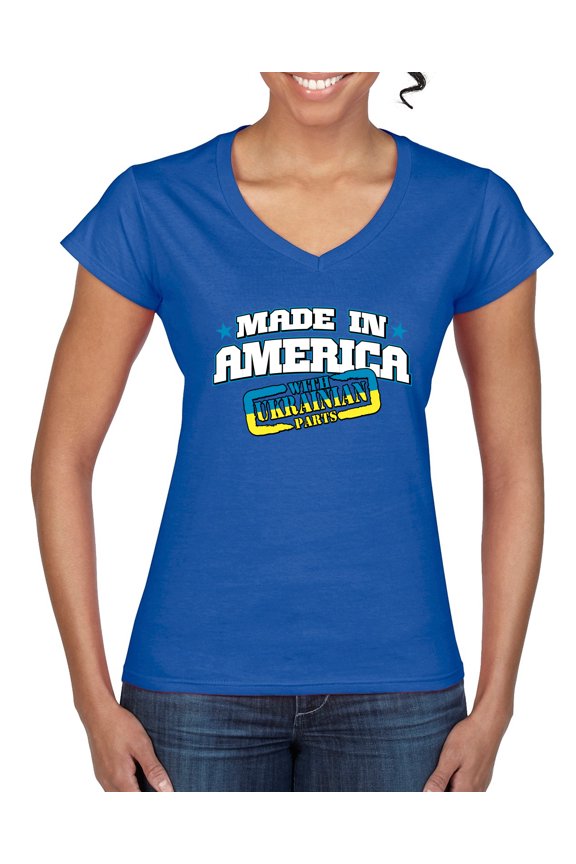 Made In America With Ukrainian Parts Womenâ€™s Standard V-Neck Tee, Royal, Medium