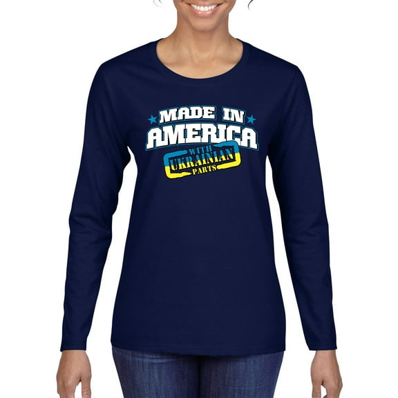 Made In America With Ukrainian Parts Womens Graphic Long Sleeve T-Shirt, Navy, Large