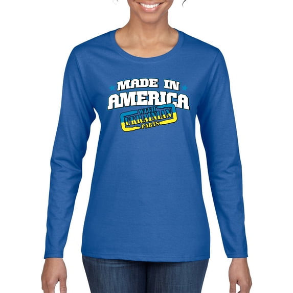 Made In America With Ukrainian Parts Womens Graphic Long Sleeve T-Shirt, Royal, Large