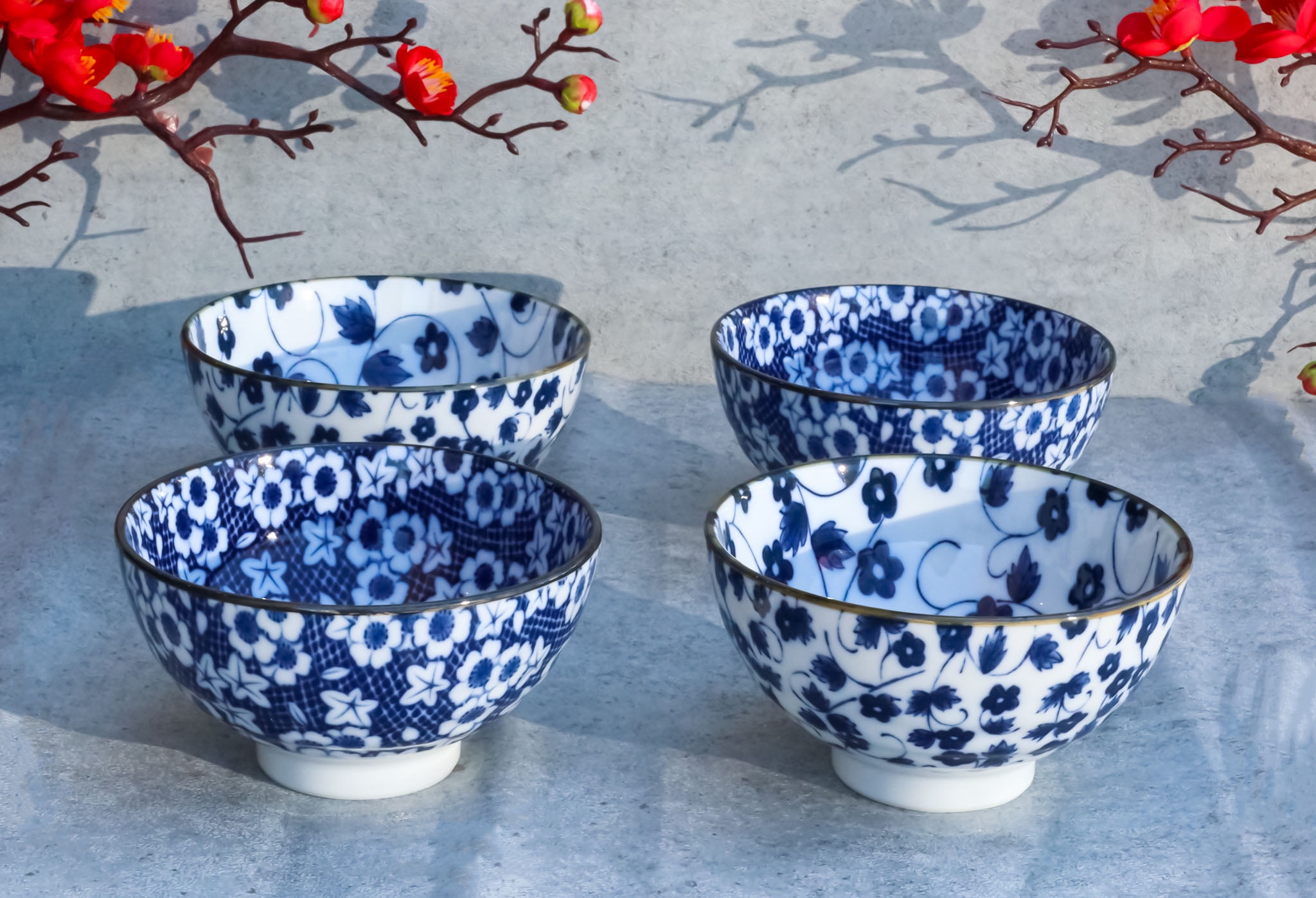 Ebros Gift Made in Japan Porcelain Bowls, Floral Blue White Design