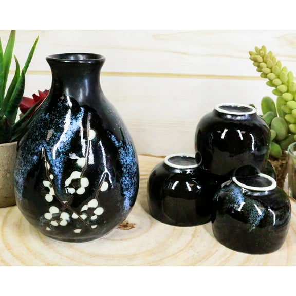 Made In Japan Ceramic Midnight White Cherry Blossoms Sake Flask With 4 Cups Set
