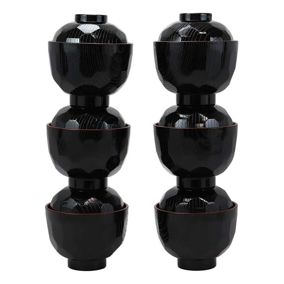 Made In Japan Honeycomb Ridged Black Red Lacquer Plastic Bowl With Lid Set of 6