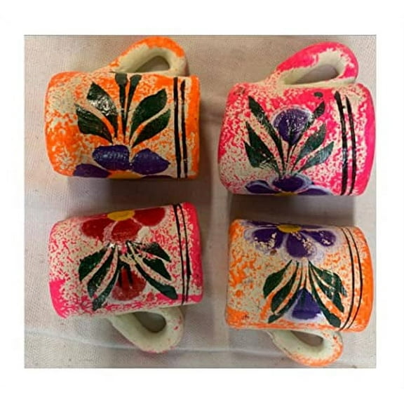Made In Mexico Hand Painted Pottery Barro Clay Tequila Shots Glasses Set of 4 Assorted - Vaso Tequilero Narrow W/Handle