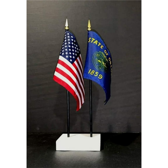 Made In USA. 1 American And 1 US State Miniature Rayon 4"X6" Office Desk & Little Hand Waving Table Flags, Includes A 2-Hole White Flag Stand And 2 Small 4"X6" Mini Stick Flags (Oregon)